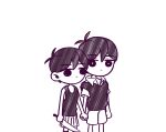  2boys animated animated_gif antenna_hair blinking closed_mouth collared_shirt double-parted_bangs dual_persona expressionless greyscale hair_between_eyes hand_on_another's_head headpat holding holding_hands holding_knife knife laser-lance looking_at_another monochrome multiple_boys omori omori_(omori) outline shirt short_hair short_sleeves shorts simple_background spot_color striped_clothes striped_shorts sunny_(omori) sweater_vest tank_top thighhighs vertical-striped_clothes vertical-striped_shorts yellow_outline 