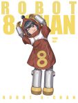  1girl arms_up black_eyes black_hair character_name closed_mouth coat commentary copyright_name full_body highres hood hood_up humanization jinri_shijie looking_at_viewer mechanical_arms mechanical_foot mechanical_hands mechanical_legs number_print one_eye_closed pose_request red_coat robot_8-chan robot_8-chan_(character) short_sleeves simple_background solo tokusatsu tongue tongue_out white_background 