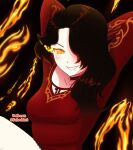  1girl arms_behind_head asymmetrical_hair black_background blush breasts brown_hair choker cinder_fall clip_studio_paint_(medium) collarbone commentary dark_background dress english_commentary eyelashes fire flaming_eye grin hair_over_one_eye highres long_hair orange_eyes patreon_username red_choker red_dress rwby schrwby smile solo 