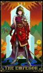  1girl absurdres aeronmeri_19198 alternate_costume armor cape card_(medium) chinese_commentary closed_mouth clothing_request commentary_request crown frown full_body gauntlets green_hair highres holding holding_orb holding_staff kazami_yuuka leg_armor looking_at_viewer orb pink_eyes red_cape short_hair shoulder_armor single_gauntlet solo staff tarot tarot_(medium) the_emperor_(tarot) throne touhou 
