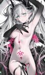  1girl areola_slip black_hands blush body_markings breasts choker colored_extremities commentary_request crossed_bangs dakimakura_(medium) demon_girl demon_horns demon_wings fate/grand_order fate_(series) green_eyes grey_hair horns kousaki_rui lilith_(fate) lilith_(second_ascension)_(fate) long_hair looking_at_viewer medium_breasts navel nude pointy_ears solo stomach_tattoo tattoo twintails very_long_hair wings 