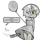  1boy balloon bare_shoulders blush bulge crossdressing crossdressing_(mtf) degrees_of_lewdity dress english_text fish_skeleton_hair_ornament green_eyes green_panties hair_between_eyes hair_ornament highres jade_(suckillpak) looking_back male_focus panties pantyshot player_character_(degrees_of_lewdity) player_character_(male)_(degrees_of_lewdity) short_hair simple_background sleeveless sleeveless_dress smile solo speech_bubble suckillpak sundress trap underwear upper_body upskirt white_dress wind wind_lift 