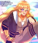  1girl :d ;d ahoge bandana bandana_around_neck belt black_belt blush breasts brown_jacket brown_overalls cleavage clip_studio_paint_(medium) commentary deviantart_username english_commentary eyelashes fingerless_gloves fur-trimmed_jacket fur_trim gloves hand_on_own_face hand_on_own_hip highres jacket long_hair mechanical_arms one_eye_closed open_clothes open_jacket open_mouth orange_bandana orange_gloves overalls patreon_username prosthesis prosthetic_arm purple_eyes rwby schrwby single_fingerless_glove single_glove single_mechanical_arm smile solo teeth tumblr_username twitter_username upper_teeth_only very_long_hair yang_xiao_long yang_xiao_long_(atlas) 