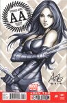  1girl black_bodysuit black_hair bodysuit breasts claw_(weapon) claws closed_mouth commentary cover_sketch elbow_gloves english_commentary gloves green_eyes highres long_hair marker_(medium) marvel scan signature solo stanley_lau traditional_media weapon x-23 x-men 