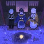  3boys absurdres armor bishounen black_hair blue_hair closed_eyes commentary cup drink fireflies food from_above full_moon grass green_tea hakama highres holding holding_cup japanese_armor japanese_clothes kogitsunemaru light_particles long_hair looking_down male_focus mikazuki_munechika moon multiple_boys night onigiri porch pouring puddle reflection sandals shoulder_armor sitting sliding_doors smile sode sola0316 standing tabi tea touken_ranbu tray tsurumaru_kuninaga veranda white_hair wide_sleeves yunomi 