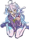  1girl absurdres ahoge animal_ear_fluff animal_ears between_legs black_choker blush bow bowtie cacaobath choker collarbone glass hand_between_own_legs henya_the_genius henya_the_genius_(school_uniform) highres indie_virtual_youtuber long_sleeves looking_at_viewer multicolored_hair naughty_face on_floor open_mouth paw_pose pleated_skirt ribbon round_eyewear school_uniform serafuku shadow shoes simple_background sitting skirt solo streaked_hair tail wariza white_background white_hair yellow_bow yellow_eyes 