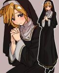  1boy black_dress black_veil blonde_hair blue_eyes cloud_strife commentary_request cross cross_necklace crossdressing crossdressing_(mtf) dress final_fantasy final_fantasy_vii highres interlocked_fingers jewelry light_blush male_focus multiple_views necklace nun nun_headdress solo suisui_434 traditional_nun trap veil 