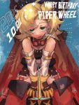  1girl artist_name bags_under_eyes bare_shoulders birthday blonde_hair blush breasts car character_name commentary_request dated detached_pants gloves goggles goggles_around_neck green_eyes hanada_(cobalt003) happy_birthday highres looking_at_viewer medium_hair midriff_peek motor_vehicle navel on_car piper_wheel sitting small_breasts solo spiked_shirt yellow_gloves zenless_zone_zero 
