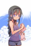  akemi_homura bare_shoulders black_hair braid cloud collarbone day hairband long_hair mahou_shoujo_madoka_magica maiku purple_eyes shorts sky solo sun sweat tank_top towel twin_braids 