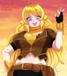  1girl :d ahoge bandana bandana_around_neck bandeau belt belt_pouch black_gloves blonde_hair blush breasts brown_belt brown_jacket cleavage cloud commentary crop_top cropped_jacket deviantart_username english_commentary eyelashes fingerless_gloves gloves hand_on_own_hip highres instagram_username jacket long_hair looking_at_viewer midriff navel open_mouth orange_bandana pouch purple_eyes rwby schrwby short_sleeves sky smile solo standing teeth tumblr_username twitter_username upper_teeth_only yang_xiao_long yellow_bandeau 