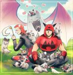  2boys animal_on_shoulder bat_wings black_shoes blue_sky closed_eyes cloud cloudy_sky crossed_legs dazzling3ti fake_horns fangs frown golbat grass hair_between_eyes heart highres holding hood hood_up horned_hood horns jumping long_sleeves looking_at_another looking_at_viewer looking_up maxie_(pokemon) medium_hair mightyena multiple_boys muscular muscular_male on_ground open_mouth pokemon pokemon_(creature) pokemon_ruby/sapphire/emerald poochyena purple_hair red_hair shoes short_hair sitting sky sleeping smelling tabitha_(pokemon) team_magma team_magma_uniform twitter_username wings zubat 