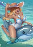  1girl absurdres barefoot blonde_hair blue_eyes blue_lips breasts commentary day earrings emma_frost emma_frost_(white_wave_queen) hat highres inflatable_dolphin inflatable_toy jewelry large_breasts long_hair looking_at_viewer marvel marvel_rivals necklace official_alternate_costume one-piece_swimsuit outdoors salosh signature soles solo strapless strapless_one-piece_swimsuit swimsuit untranslatable_commentary water white_one-piece_swimsuit x-men 