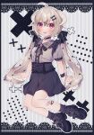 1girl :p ahoge ankle_socks bandaid bandaid_on_knee bandaid_on_leg black_bow black_choker black_shoes black_skirt black_socks blouse blush bow breasts brooch center_frills choker commentary_request curved_horns footwear_bow frilled_shirt_collar frilled_socks frills full_body furrowed_brow gothic_lolita grey_background grey_hair grey_shirt hair_between_eyes hair_bow hair_ornament hairclip hanasaki_ayame hanasaki_ayame_(artist) heart heart_o-ring heart_ring_choker highres horns indie_virtual_youtuber jewelry jirai_kei lace-trimmed_bow lace_background lace_trim lolita_fashion long_hair low_twintails o-ring o-ring_choker outline polka_dot polka_dot_background red_eyes self-portrait shirt shoes short_sleeves skirt small_breasts smile socks solo striped_background tongue tongue_out twintails underbust vertical-striped_background virtual_youtuber white_outline x_hair_ornament 