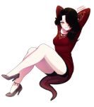  1girl arms_behind_head asymmetrical_hair black_hair black_shorts blush breasts brown_shoes cinder_fall clip_studio_paint_(medium) commentary dress english_commentary full_body grin hair_over_one_eye high_heels highres lace-trimmed_shorts lace_trim long_hair long_sleeves orange_eyes patreon_username red_dress rwby schrwby shoes shorts shorts_under_dress simple_background smile solo white_background 