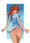 1girl ass backboob blue_shirt blue_sky breasts brown_eyes commentary commission english_commentary english_text grin highres lips long_hair looking_at_viewer looking_back miniskirt ooquant-2 orange_hair original outdoors panties pink_panties pink_thong procreate_(medium) shirt short_sleeves skirt sky smile solo teeth thong thong_panties underwear white_skirt 