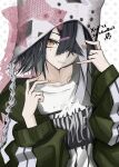  1girl absurdres animal_ear_headwear beanie black_hair breasts brown_eyes commentary_request earflap_beanie fate/grand_order fate_(series) green_jacket grin hair_over_one_eye hat highres jacket long_sleeves looking_at_viewer shirt short_hair small_breasts smile solo tsukaasa white_hat white_shirt xu_fu_(academy_outfit)_(fate) xu_fu_(fate) 