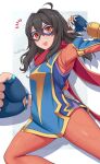 1girl arc_system_works artist_name black_hair commentary_request eye_mask fingerless_gloves gloves highres kamala_khan long_hair marvel marvel_tokon:_fighting_souls mask ms._marvel_(series) open_mouth orange_eyes oversized_limbs scarf simple_background solo soukitsu superhero_costume western_comics_(style) 