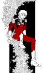  1boy char_aznable flower gloves gundam hatchy80124 jacket long_sleeves looking_at_viewer male_focus military_uniform mobile_suit_gundam pants red_jacket red_pants science_fiction shirt short_hair simple_background sitting white_background zeon 