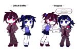  1boy 1girl black_hair black_skirt blue_eyes blue_vest blush brother_and_sister chibi closed_mouth collared_shirt english_text full_body hair_ornament hair_tie hairclip high_ponytail highres hood hooded_jacket jacket jewelry long_hair long_sleeves looking_at_another low_ponytail medium_hair multiple_persona multiple_views naughty_face necklace open_mouth original pants pleated_skirt ponytail red_eyes shirt short_ponytail siblings skirt smile smirk socks speech_bubble suckillpak vest white_shirt white_socks 