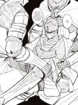  1girl 2boys absurdres armor armored_boots black_background boots breastplate brush_(brush2h) cape commentary elden_ring english_commentary english_text full_armor gauntlets greyscale helm helmet highres monochrome multiple_boys needle_knight_leda simple_background speech_bubble 