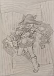  1girl absurdres among_us black_skirt boots braid breasts crossed_bangs graphite_(medium) greyscale hair_between_eyes hat hatching_(texture) highres large_hat linear_hatching long_hair looking_at_viewer mage_staff meccha_chameleon mechanical_pencil monochrome mushoku_tensei open_mouth paper_background pencil photo_(medium) ripples roxy_migurdia self-upload sergent_magnom skirt small_breasts smile solo staff traditional_media twin_braids very_long_braid water water_drop witch_hat 