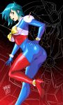  1girl :d absurdres allenby_beardsley artist_name ass blue_bodysuit blue_hair bodysuit breasts commentary danmakuman dated english_commentary from_behind g_gundam green_eyes gundam hand_on_own_ass highres jewelry looking_at_viewer mecha_pilot_suit medium_breasts mobile_trace_suit multicolored_bodysuit nobel_gundam open_mouth red_bodysuit short_hair skin_tight smile solo variant_set 