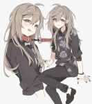  1boy :3 absurdres ahoge belt_collar black_nails black_pants black_shirt black_shoes blush bracelet brown_hair collar collared_shirt commentary double-parted_bangs dress_shirt foot_out_of_frame from_side grey_background grey_eyes hair_between_eyes hair_over_shoulder highres jewelry kanae_(14th_costume)_(nijisanji) kanae_(nijisanji) leash licking_lips long_hair long_sleeves looking_at_viewer male_focus messy_hair multiple_rings multiple_views nail_polish necklace nijisanji pants print_shirt red_collar ring shirt shoes sidelocks simple_background sitting sp1nosaur tongue tongue_out untranslatable_commentary upper_body virtual_youtuber 