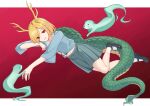  1girl absurdres antlers black_shoes blonde_hair blue_shirt border commentary_request dragon_girl dragon_horns dragon_tail eyes_visible_through_hair fur-tipped_tail gradient_background green_scales highres horns kicchou_yachie long_sleeves looking_at_viewer mary_janes navel open_mouth otter otter_spirit_(touhou) outside_border pleated_skirt red_background red_eyes scales shirt shoes short_hair skirt smile socks tail touhou turtle_shell white_border white_socks wide_sleeves yellow_horns zheng_(pixiv_101593236) 