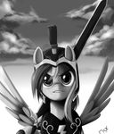  armor black_and_white cloud clouds crest equine female feral friendship_is_magic galea greatsword greyscale hair helmet horse mammal melee_weapon monochrome my_little_pony outside pegasus pony ponykillerx portrait rainbow_dash_(mlp) signature sky solo standing sword weapon wings 