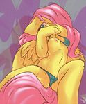  anthro anthrofied atryl breasts camel_toe clothed clothing cutie_mark equine female fluttershy_(mlp) friendship_is_magic fur hair horse mammal my_little_pony nipples pegasus pink_hair pony skimpy solo sweat wings yellow_fur 