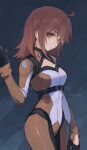  1girl ahoge alternate_hairstyle arm_at_side black_gloves bodysuit breasts cleavage_cutout closed_mouth clothing_cutout cowboy_shot fate/grand_order fate_(series) fomnant fujimaru_ritsuka_(female) fujimaru_ritsuka_(female)_(chaldea_combat_uniform) gloves hair_between_eyes hair_down hand_up highres long_sleeves looking_at_viewer medium_hair orange_bodysuit orange_hair signature solo standing twitter_username yellow_eyes 