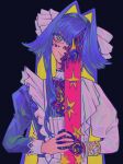  +_+ 1girl absurdres apron black_background blue_dress blue_eyes blue_hair colored_inner_hair dress eldritch_abomination hair_intakes head_tilt highres horror_(theme) interlocked_fingers long_hair looking_at_viewer multicolored_hair one_eye_covered own_hands_together reverse:1999 sailor_senshi_uniform solo upper_body voyager_(reverse:1999) white_apron xero_rao 