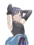  1boy armpits arms_behind_head belt black_belt black_bodysuit black_bow black_bridal_gauntlets black_shorts blue_kimono blunt_ends bodysuit bow bridal_gauntlets bright_pupils clothes_down colored_inner_hair commentary eyeliner genshin_impact grey_hair highres japanese_clothes juban kimono leu_135 looking_at_viewer makeup male_focus mandarin_collar multicolored_hair open_mouth parted_lips purple_eyes purple_hair purple_sash red_eyeliner sash scaramouche_(genshin_impact) shorts solo toned toned_male tsurime upper_body wanderer_(genshin_impact) white_background white_kimono white_mouth white_pupils wispy_bangs 