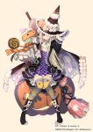  1girl :o :p ;p aqua_eyes ascot black_bow black_cape blonde_hair blue_eyes boots bow broom brown_background cape closed_mouth commentary_request copyright_name copyright_notice dress flower frills full_body gin_(oyoyo) halloween hand_on_headwear hand_up hat hat_over_one_eye head_tilt jack-o'-lantern kamiyugi_ayase knee_boots knees_together_feet_apart long_hair long_sleeves looking_at_viewer one_eye_closed orange_bow parted_lips plaid_clothes purple_dress scarf simple_background sitting sleeves_past_wrists striped_clothes thighhighs tongue tongue_out underbust very_long_hair white_ascot white_bow white_flower witch_hat z/x 