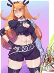  1girl abs absurdres blonde_hair blush breasts cleavage closed_mouth commentary cosplay crop_top dedhed_art english_commentary fingerless_gloves gloves hand_on_own_hip highres large_breasts long_hair magik's_crown magik_(x-men) magik_(x-men)_(cosplay) marvel marvel_tokon:_fighting_souls mythra_(xenoblade) navel puffy_short_sleeves puffy_sleeves short_sleeves single_fingerless_glove solo sweat toned toned_female x-men xenoblade_chronicles_(series) xenoblade_chronicles_2 yellow_eyes 