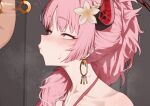  1girl bare_shoulders black_horns blue_archive blush coin coin_on_string collarbone commentary_request cropped earrings english_commentary flower hair_flower hair_ornament halo highres holed_coin hoop_earrings horns hypnosis jewelry long_hair mind_control mixed-language_commentary multicolored_horns paid_reward_available pendulum pink_hair red_halo red_horns satsuki_(blue_archive) satsuki_(swimsuit)_(blue_archive) solo_focus two-tone_horns yellow_eyes yellow_flower yzr_(yzr99) 