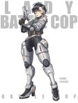  1girl armored_boots black_eyes black_hair boots breasts caylian_curtis_gun_pose character_name closed_mouth commentary copyright_name covered_nipples cyborg full_body grey_hair gun handgun highres holding holding_gun holding_weapon invisible_floor jinri_shijie lady_battlecop lady_battlecop_(character) large_breasts looking_at_viewer mole mole_under_mouth multicolored_hair puffy_sleeves shirt short_hair simple_background solo standing thigh_gap tight_clothes tight_shirt tokusatsu two-tone_hair weapon white_background 