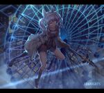  1girl absurdres angelina_(arknights) animal_ears arknights black_gloves black_shirt black_shorts blush brown_hair cityscape coat commentary_request copyright_name double_horizontal_stripe earpiece ferris_wheel fox_ears fox_girl gloves glowing glowing_eyes hairband highres holding holding_staff medium_hair night open_clothes open_coat red_eyes red_hairband shirt shorts siyuan9629 smile solo staff twintails white_coat 