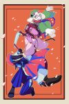  1boy 1girl 1other alternate_costume blue_hair blue_skin border cherry_blossoms colored_skin commentary deltarune flower goat_boy goat_horns highres holding holding_scythe holding_sword holding_weapon horns katana kingyo_isuzu kris_(dark_world)_(deltarune) kris_(deltarune) orange_background petals pink_flower pink_horns pink_petals pink_scarf ralsei scarf scythe susie_(dark_world)_(deltarune) susie_(deltarune) sword utdr_(toby_fox) weapon white_fur 