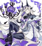  1girl arknights black_boots black_horns blonde_hair boots breasts chandelure chinese_commentary commentary_request crossover dragon_girl dragon_horns dress fire foot_out_of_frame hair_over_one_eye highres horns invisible_chair long_hair long_sleeves looking_at_viewer multiple_horns necrass_(arknights) pokemon pokemon_(creature) purple_fire shoe_soles simple_background sitting smile solo thighhighs torn_clothes torn_thighhighs very_long_hair white_background white_dress xinghuidujiaoshou 
