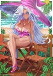  1girl artist_name beach beatrix_(flipwitch) blue_lips breasts chair cleavage cocktail_glass collarbone covered_navel crossed_legs cup drinking drinking_glass drinking_straw fingernails flipwitch_-_temples_of_temptation glass hat high_heels highres holding holding_cup kein_hasegawa leotard lipstick long_hair looking_at_viewer makeup mascara mole mole_on_breast nail_polish outdoors pink_eyes pink_hat pink_leotard pink_nails sand sitting solo table thighs water white_hair witch_hat 