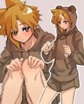  1boy animal_ear_hood animal_hood bear_hood blonde_hair blue_eyes brown_hoodie brown_shorts cloud_strife commentary_request earrings final_fantasy final_fantasy_vii grey_background highres hood hood_up hoodie jewelry light_blush male_focus multiple_views shorts solo suisui_434 