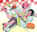  ! 2girls absurdres alien_stage animal_ears apron black_hair black_pantyhose blush breasts burger carhop cleavage clumsy collared_shirt commentary crop_top english_commentary english_text falling food french_fries glasses headset highres holding holding_tray hyuna_(alien_stage) ivan_(alien_stage) luka_(alien_stage) michi_mimi microphone midriff mizi_(alien_stage) multiple_girls navel official_alternate_costume pantyhose pencil_skirt pink_hair puffy_short_sleeves puffy_sleeves purple_eyes rabbit_ears red-framed_eyewear roller_skates shirt short_hair short_sleeves signature skates skirt socks star_(symbol) striped_clothes striped_shirt striped_skirt sua_(alien_stage) till_(alien_stage) tray tripping two-tone_shirt two-tone_skirt vertical-striped_clothes vertical-striped_shirt vertical-striped_skirt very_short_hair waitress white_apron white_shirt white_skirt white_socks wrist_cuffs yellow_eyes yellow_skirt yuri 