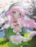  0w0_(artist) 1girl :o absurdres apron bare_shoulders beret bow bowtie bright_pupils cherry_blossoms collared_apron commentary_request dress falling_petals floating_hair flower frilled_apron frills grass green_dress green_hat hair_ornament hairclip hat highres holding holding_flower long_hair looking_at_viewer momone_momo open_mouth outdoors petals pink_hair red_bow red_bowtie solo tree utau white_pupils 