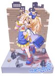  1girl :3 :d ;3 ;d ahoge artist_name bag blonde_hair blood blood_on_ground blue_bow blue_eyes blue_shoes blue_thighhighs blue_vest blush_stickers bow brick_wall collared_shirt commentary_request commission double-parted_bangs full_body hair_between_eyes hair_bow hair_ornament hairclip hand_up highres knife layered_sleeves long_sleeves loose_thighhigh miniskirt multicolored_shoes one_eye_closed open_mouth original parallel_hairclips pleated_skirt red_shoes red_thighhighs school_bag shark_hair_ornament shirt shoes short_hair short_over_long_sleeves short_sleeves skeb_commission skirt smile solo standing standing_on_one_leg sweater thank_you thighhighs toromi_(toromix2) two-tone_shoes v vest white_shirt x_hair_ornament yellow_skirt yellow_sweater 