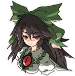  bow deku_(dekunosu) frown hair_bow long_hair red_eyes reiuji_utsuho simple_background slit_pupils solo third_eye touhou upper_body white_background 