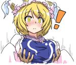  1girl blonde_hair blush breast_grab breasts covered_nipples deku_(dekunosu) grabbing hat hetero huge_breasts touhou yakumo_ran yellow_eyes 