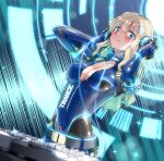  1girl blonde_hair blue_eyes blush bodysuit breasts cleavage commentary_request dj hand_on_headphones headphones highres impossible_bodysuit impossible_clothes impossible_leotard latex latex_bodysuit leotard long_hair looking_at_viewer medium_breasts mixing_console neon_lights original parazan_d science_fiction skin_tight smile solo turntable 