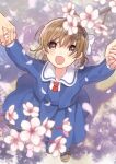  1boy 2girls :d arms_up blue_dress blush bow brown_eyes brown_hair brown_shoes cherry_blossoms clannad commentary_request dappled_sunlight day dress eyes_visible_through_hair falling_petals flower from_above full_body hair_between_eyes hair_bow half_updo happy holding_hands jewelry kindergarten_uniform loafers long_sleeves looking_at_flowers looking_up medium_hair mitsuyo_(mituyo324) multiple_girls necktie okazaki_ushio open_mouth outdoors petals pink_flower red_necktie ring sailor_collar sailor_dress shoes smile solo_focus spring_(season) standing sunlight wedding_ring white_bow white_sailor_collar 