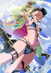  1girl bare_shoulders baseball_cap bikini black_bikini black_hands black_hat blue_sky body_markings breasts choker cleavage colored_extremities commentary crossed_bangs demon_girl demon_horns fate/grand_order fate_(series) green_eyes green_jacket grey_hair hair_between_eyes hat high_ponytail highres horns inugami86 jacket lilith_(fate) lilith_(swimsuit_rider)_(fate) lilith_(swimsuit_rider)_(first_ascension)_(fate) long_hair long_sleeves looking_at_viewer medium_breasts multicolored_jacket navel off_shoulder one_eye_closed open_mouth pink_jacket ponytail sky smile stomach_tattoo swimsuit tattoo thigh_strap thighs two-tone_jacket water zipper_bikini 